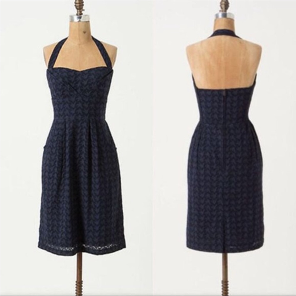Anthropologie Navy Halter Lace Fit-and-Flare Dress